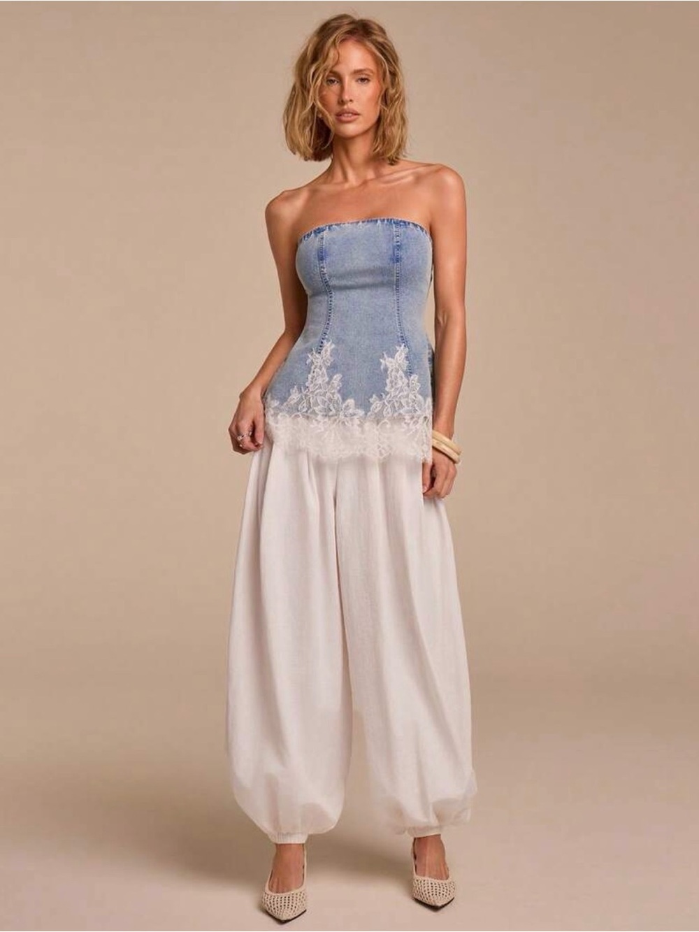 Strapless Denim-Look Lace Hem Top in Light Blue - Picture 3 of 6